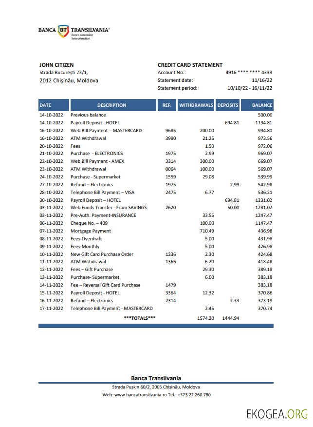 Relevé bancaire de Moldavie Banca Transilvania